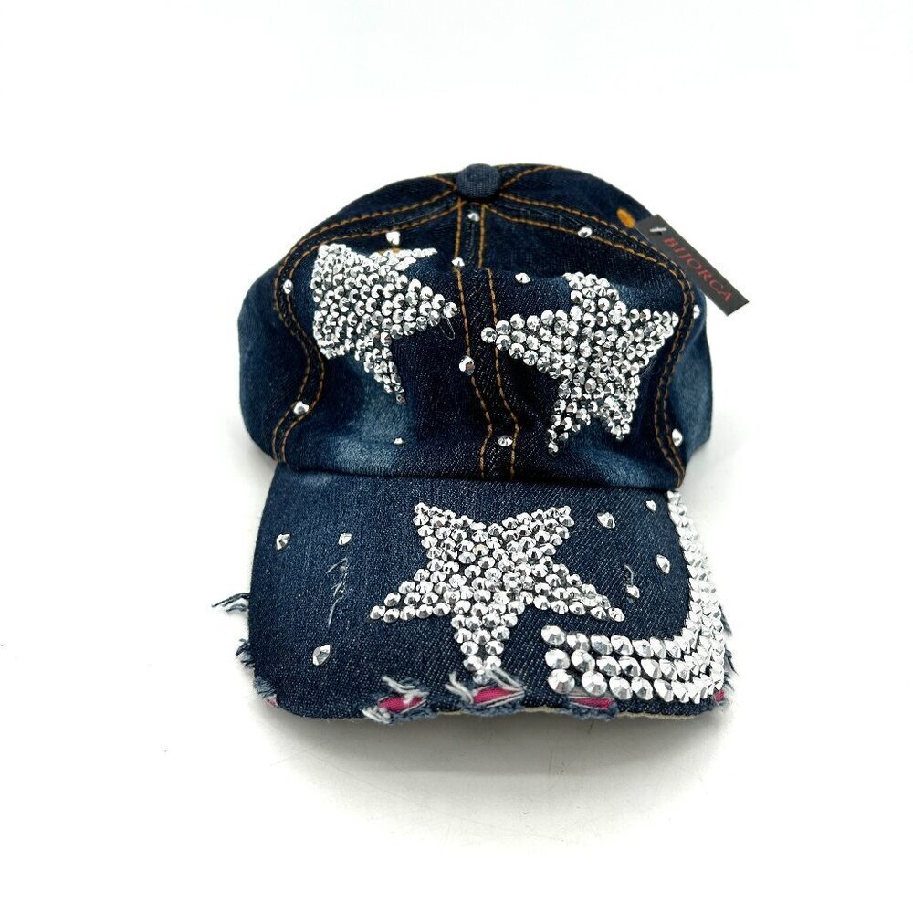 NWT Gag Gift Women's Distressed Denim Star Bling Adjustable Hat